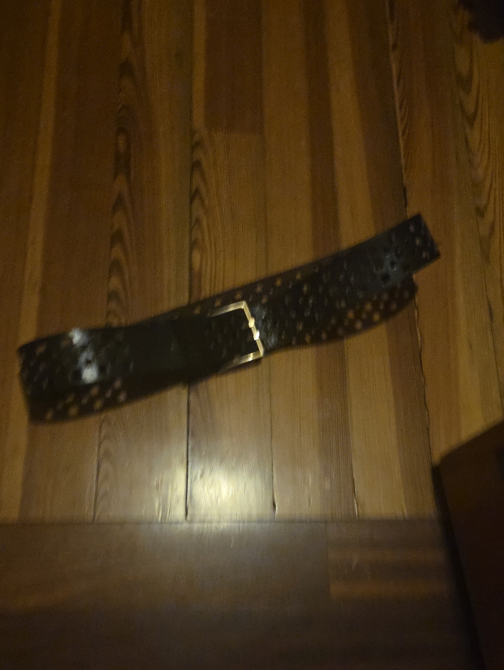 Perforated Black Leather Belt with Gold Buckle